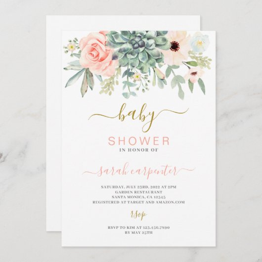 Invitation Baby shower Succulente (Devant / Derrière)