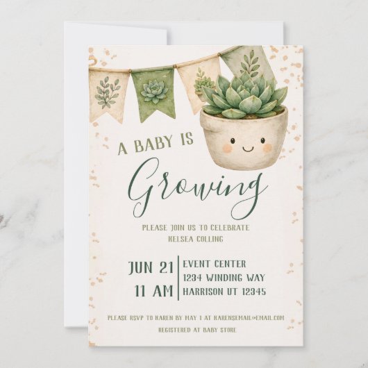Invitation Baby Shower Succulente Mignonne (Devant)
