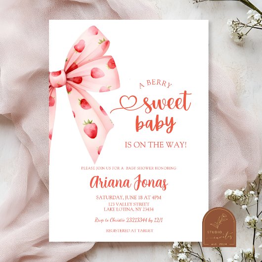 Invitation Baby shower sucré aux baies de fraise Bow