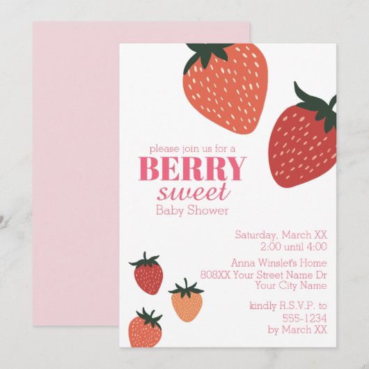 Invitation Baby Shower Sucré aux Fraises (Devant / Derrière)