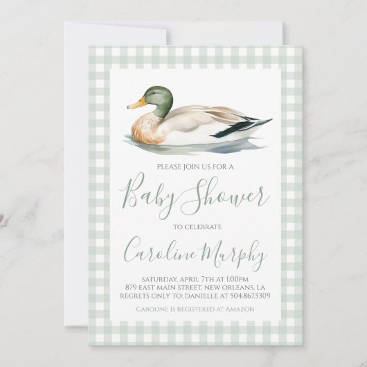 Invitation Baby shower sucré Mallard Canard En vichy vert (Devant)