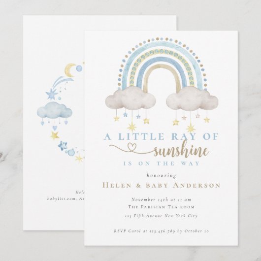 Invitation Baby shower Sunshine Blue Boho Rainbow Boy (Devant / Derrière)