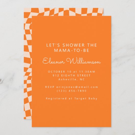 Invitation Baby shower super Orange Abstrait Checkerboard (Devant / Derrière)