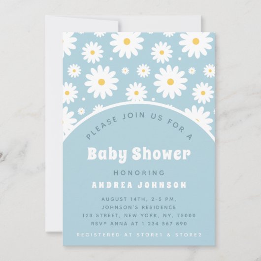 Invitation Baby shower super Retro Floral Dusty Blue Daisy (Devant)