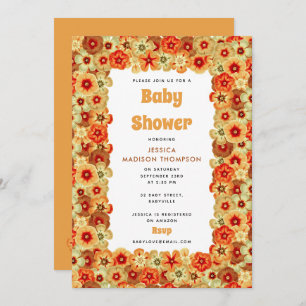 Invitation Baby shower super Retro Orange Hippie Fleurs