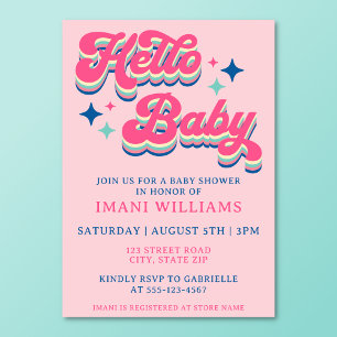 Invitation Baby shower Super Retro Typographie rose