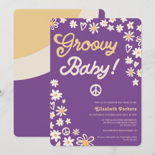 Invitation baby shower super retro violet (Devant / Derrière)