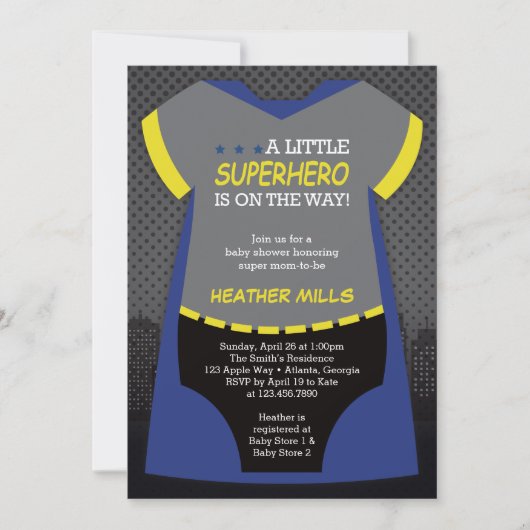 Invitation Baby shower Superhero, Bleu, Invi noir (Devant)