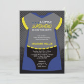 Invitation Baby shower Superhero, Bleu, Invi noir (Debout devant)