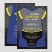 Invitation Baby shower Superhero, Bleu, Invi noir (Devant / Derrière)