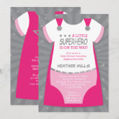 Invitation Baby shower Superhero Invitation, Rose, Argent Inv (Devant / Derrière)