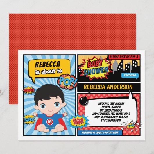Invitation Baby shower Superhero / Super Hero Boy (Devant / Derrière)