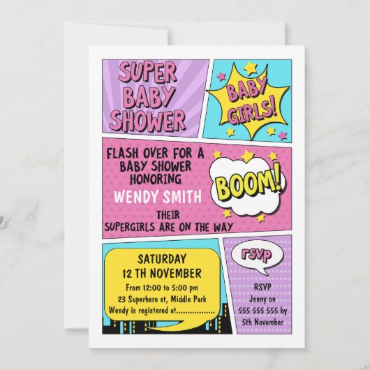 Invitation Baby shower Superhero Twin Girls (Devant)