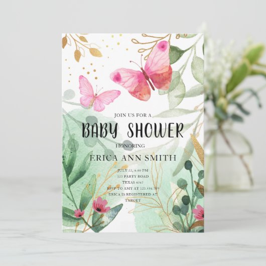 Invitation Baby Shower sur le thème Papillon Rose Or Végétali (Debout devant)