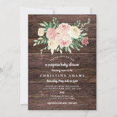 Invitation Baby shower surprise floral rose bois rustique (Devant)