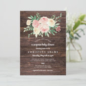 Invitation Baby shower surprise floral rose bois rustique (Debout devant)