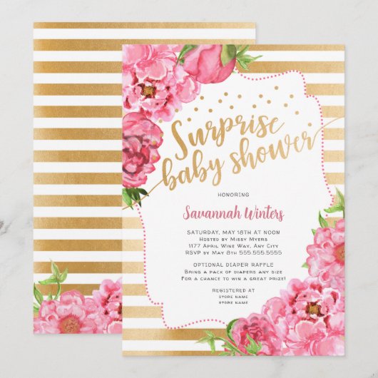 Invitation Baby shower surprise | pivoines d'or rose (Devant / Derrière)
