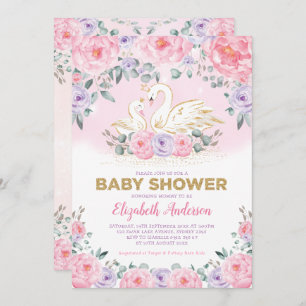 Invitation Baby shower Swan Princess Lavender Pink Peonies