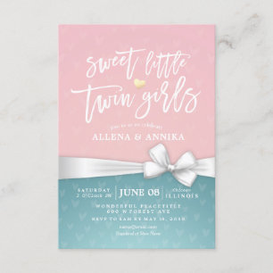 Invitation Baby shower Sweet Little Twin Girls White Ribbon