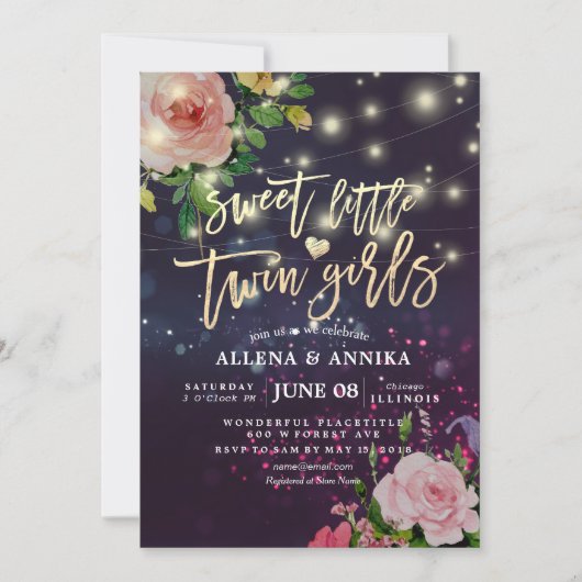 Invitation Baby shower Sweet Twins Floral Purple Light (Devant)