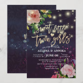 Invitation Baby shower Sweet Twins Floral Purple Light (Devant / Derrière)