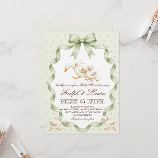 Invitation Baby Shower Tache de Canard Vert (Devant/Arrière en situation)