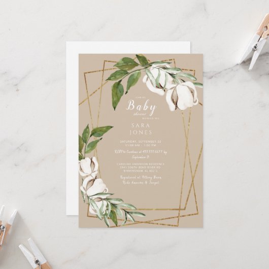 Invitation Baby shower Tan en coton géométrique (Devant/Arrière en situation)