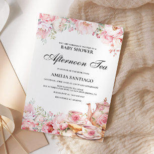 Invitation Baby Shower Tea de l'après-midi Fleurs Rose Tendue