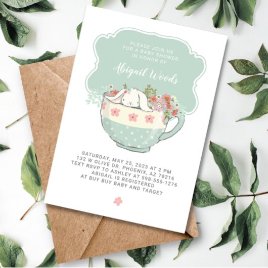 Invitation Baby shower Tea Party Lapin blanc