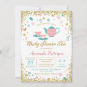 Invitation Baby shower Tea Party Parties scintillant rose or (Devant)