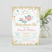 Invitation Baby shower Tea Party Parties scintillant rose or (Debout devant)