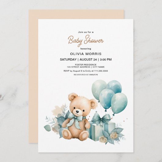 Invitation Baby shower Teddy Bear (Devant / Derrière)