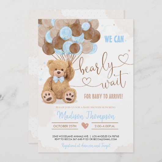 Invitation Baby shower Teddy Bear (Devant / Derrière)