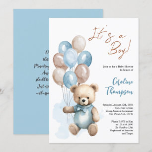 Invitation Baby shower Teddy Bear Boy Blue Balloons Invitatia