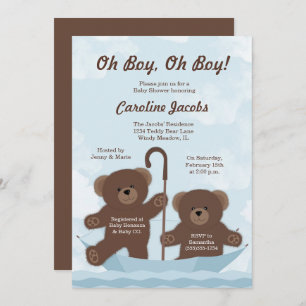 Invitation Baby shower Teddy Bear Boy Twins