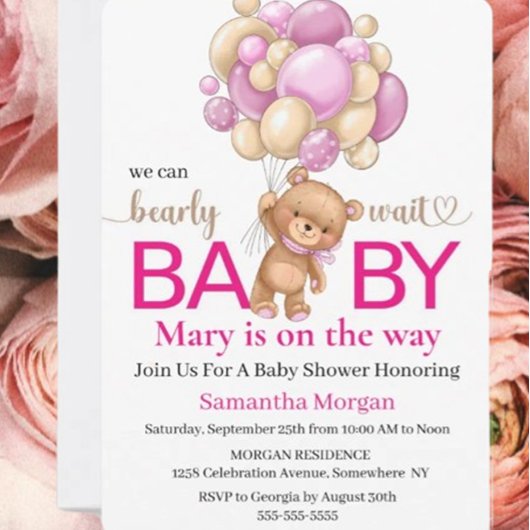 Invitation Baby shower Teddy Bear Girl Thème