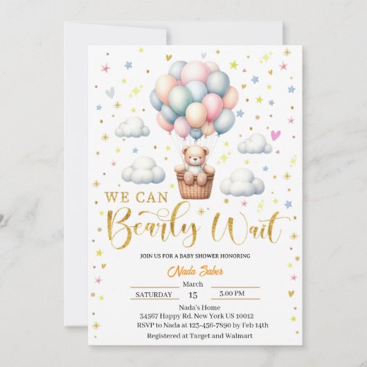 Invitation Baby shower Teddy Bear personnalisable (Devant)