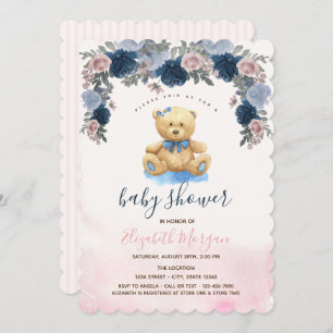 Invitation Baby shower Teddy Bear Pink Stripes