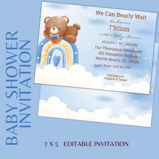 Invitation Baby shower Teddy Bear Rainbow Boys