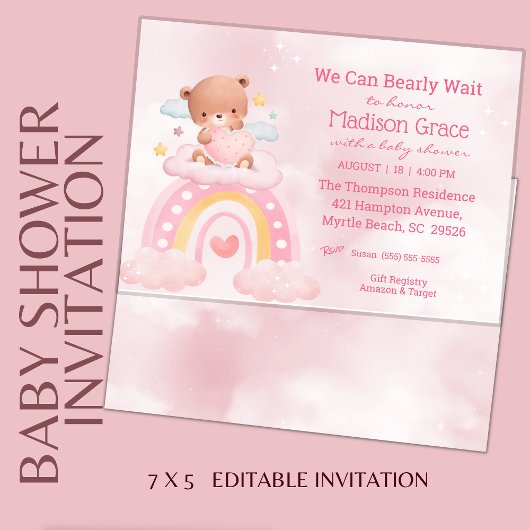 Invitation Baby shower Teddy Bear Rainbow Girls