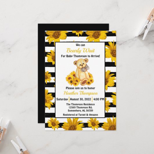 Invitation Baby shower Teddy Bear Sunflower (Devant/Arrière en situation)