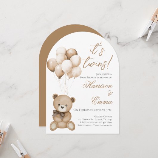 Invitation Baby shower Teddy Bear Twins (Devant/Arrière en situation)