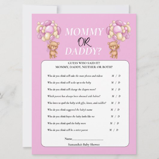 Invitation Baby shower Teddy Girl maman ou papa (Devant)