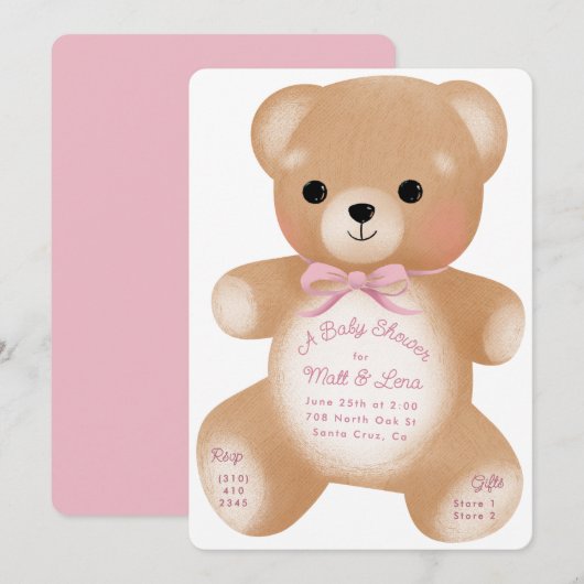 Invitation Baby shower Teddy Pink Bow (Devant / Derrière)