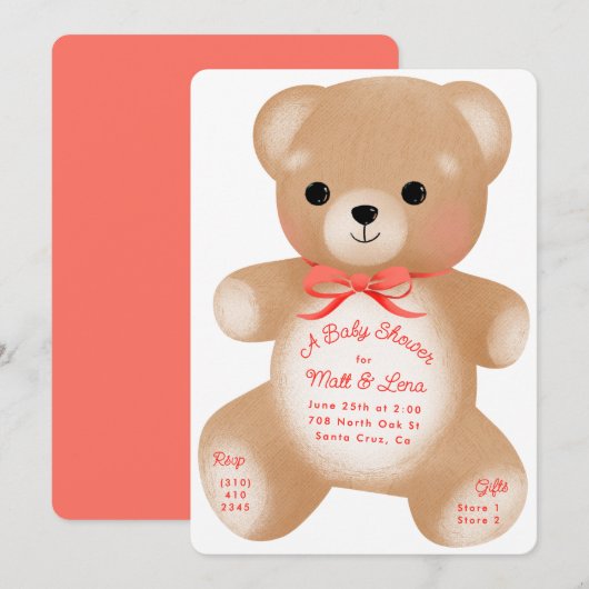 Invitation Baby shower Teddy Red Bow (Devant / Derrière)