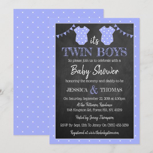 Invitation Baby shower tendance Chalkboard Twin Boys (Devant / Derrière)