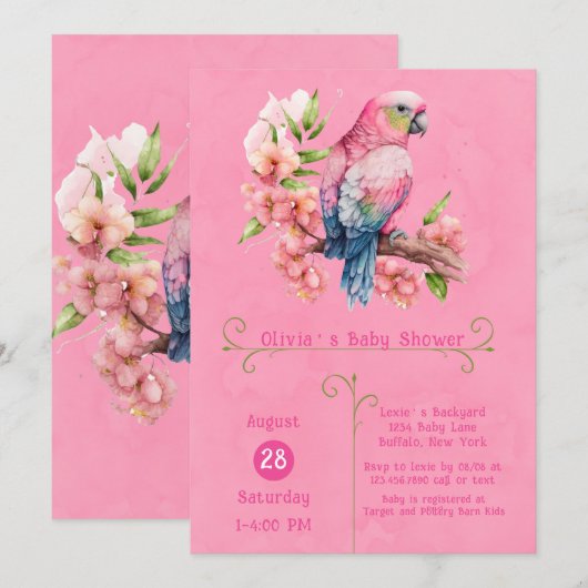 Invitation Baby shower tendance pour filles roses aux perroqu (Devant / Derrière)