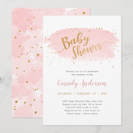 Invitation Baby shower tendance rose et or Aquarelle (Devant / Derrière)