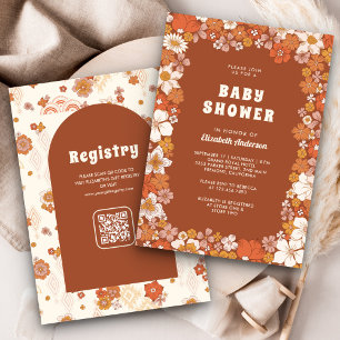 Invitation Baby-Shower Terre Cuite Rétro Groovy Fleur Sauvage