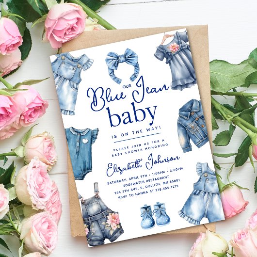 Invitation Baby Shower Thème Bébé Fille Jean Bleu Moderne